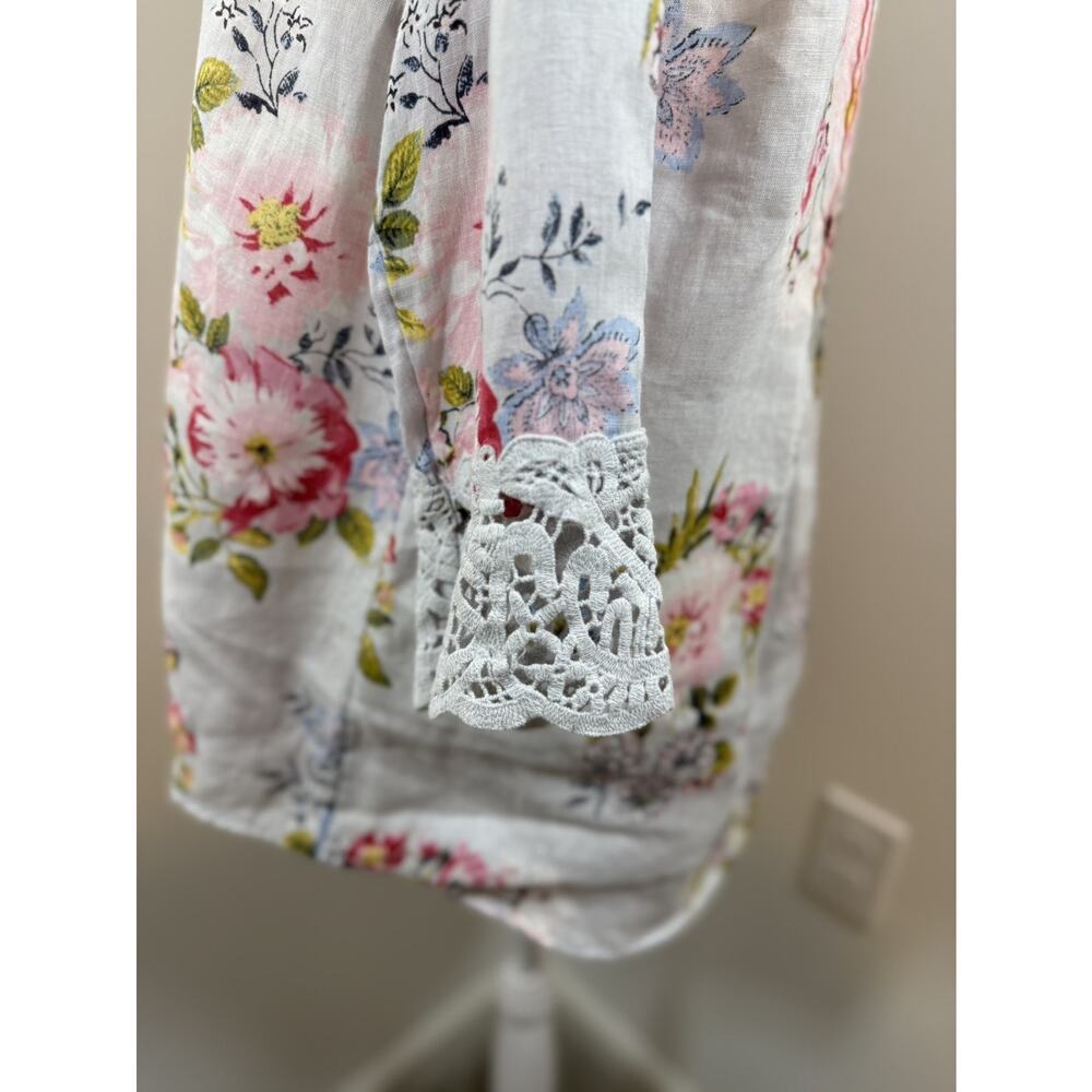 J Jill Love Linen Floral Top Size Medium Lace Trim Lagenlook Pleated Cottage - Picture 6 of 10